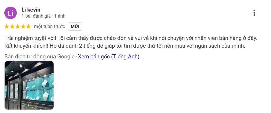 Khách hàng Li Kevin đánh giá trang sức Glosbe & Co