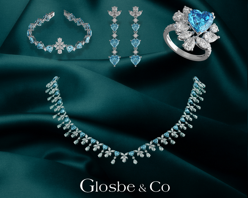 Bộ sưu tập trang sức The Valoria đá Topaz xanh và kim cương Moissanite thiết kế trái tim