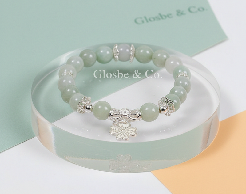 Vòng ngọc Cẩm Thạch mix charm cỏ 4 lá bạc cao cấp